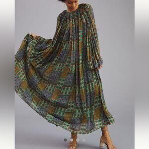 EUC Carolina K x Anthropologie green patterned pleated dress